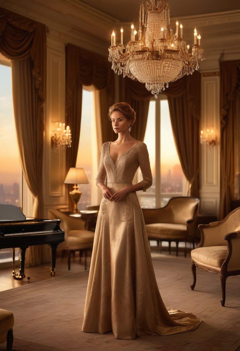 A sophisticated and confident woman in a stylish, elegant dress, surrounded by luxurious elements like a grand chandelier, opulent furniture, and a view of a city skyline at sunset. A well-dressed, charming older gentleman extends his hand towards her, symbolizing connection and guidance. subtle hints of wealth and allure. super-realistic. elegant colors. warm lighting.