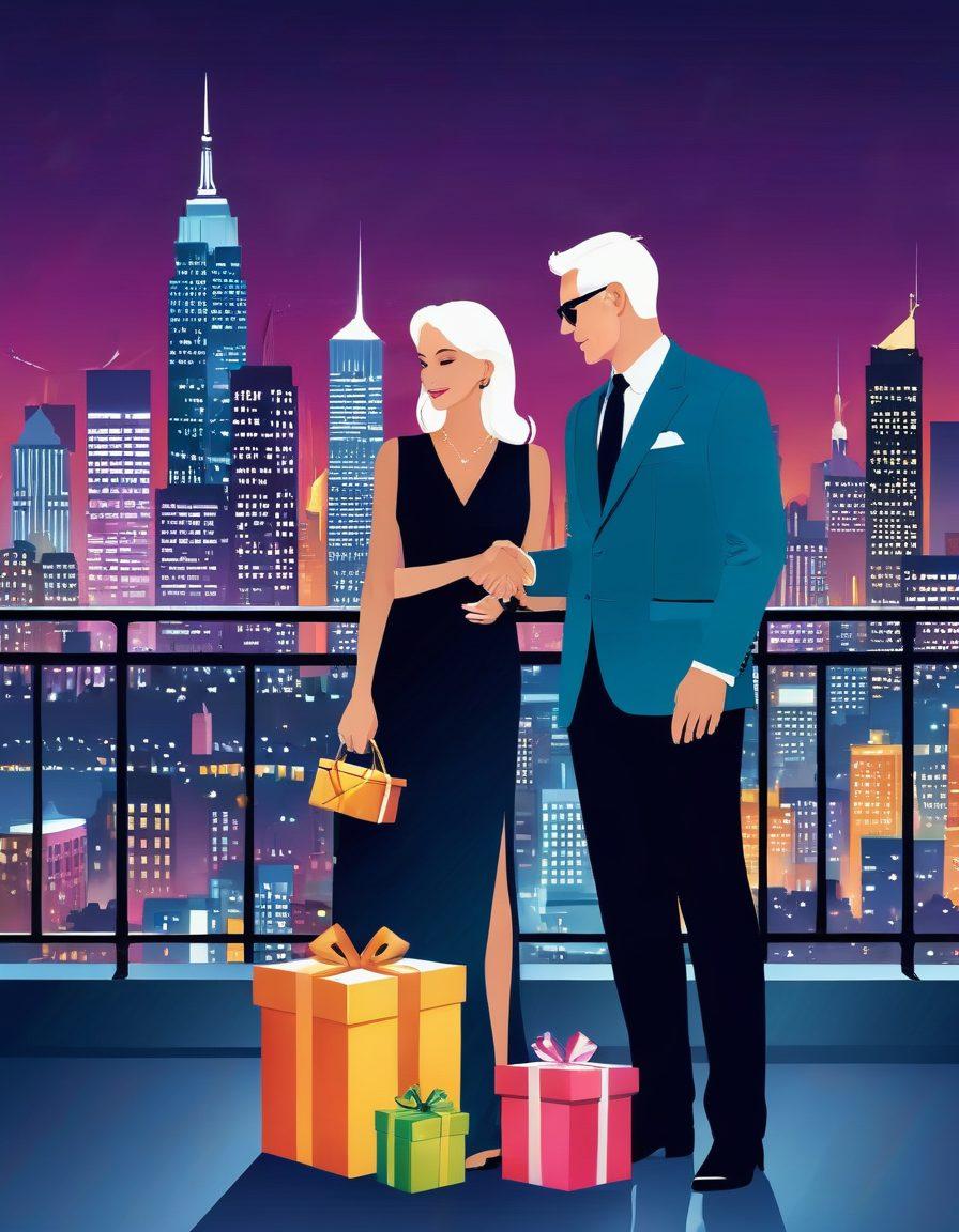 A sophisticated, fashionable couple of different ages enjoying a lavish evening on a terrace overlooking a city skyline, with one handing the other a beautifully wrapped gift, exuding elegance and luxury. Behind them, subtle icons highlighting trends, success, and advice blend into the city's glow. Modern, vibrant colors, vector art.